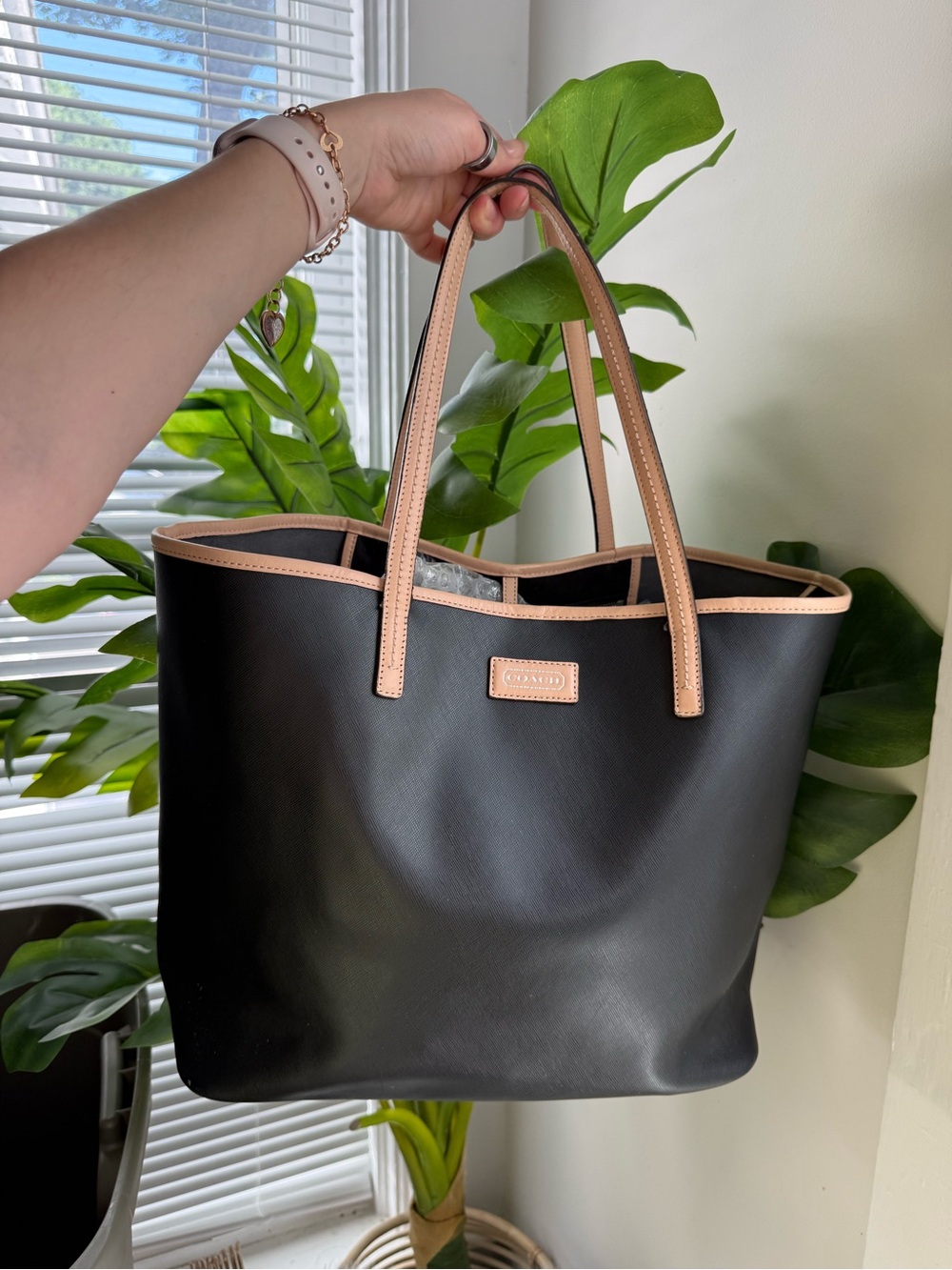 Coach Black Tote with Light Tan Trim